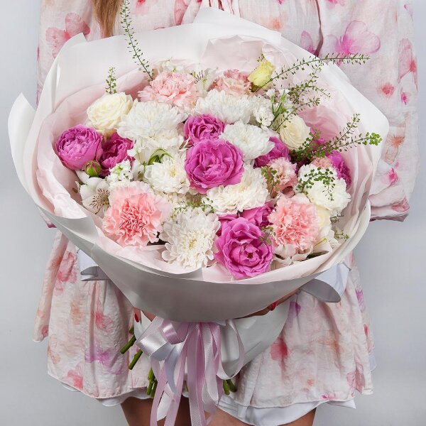 Spray peony rose Misty Bubbles, 50 cm - 3, Baltica White Spray Chrysanthemum - 2, White Matthiola - 2, Pink Lisianthus (Eustoma) - 2, Alstromeria white, soft pink - 3, White rose 50 cm - 3, Pink carnation - 3, Green bell (1 pc.), Wrapping Paper