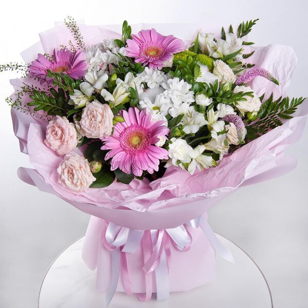 Gerbera pink - 3, Peony sprayrose - 2, Bacardi White Spray Chrysanthemum - 3, White spray carnation - 3, Alstromeria white, soft pink - 3, Veronica spray, Pistachio, Green bell (1 pc.), Fern (1 pc.), Wrapping Paper