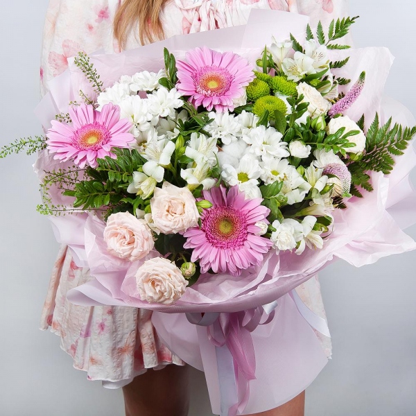 Gerbera pink - 3, Peony sprayrose - 2, Bacardi White Spray Chrysanthemum - 3, White spray carnation - 3, Alstromeria white, soft pink - 3, Veronica spray, Pistachio, Green bell (1 pc.), Fern (1 pc.), Wrapping Paper