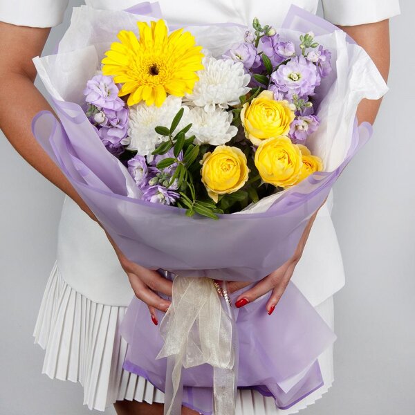 Baltica White Spray Chrysanthemum - 1, Gerbera yellow - 1, Spray rose: yellow, orange 50 cm - 1, Matthiola Lilac - 2, Pistachio, Wrapping Paper