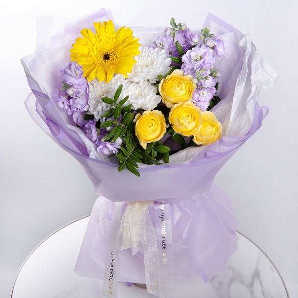 Baltica White Spray Chrysanthemum - 1, Gerbera yellow - 1, Spray rose: yellow, orange 50 cm - 1, Matthiola Lilac - 2, Pistachio, Wrapping Paper