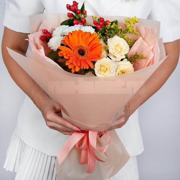 Gerbera daisies - 1, Baltica White Spray Chrysanthemum - 1, Spray rose: white, cream, light pink 50 cm - 1, Solidago (1 pc.), Hypericum, Wrapping Paper