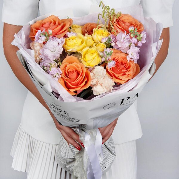 Rose Ecuador 50 cm - 5, Spray rose: yellow, orange 50 cm - 1, Baltica White Spray Chrysanthemum - 1, Carnation white, cream - 2, Matthiola Lilac - 2, Astilbe, Wrapping Paper