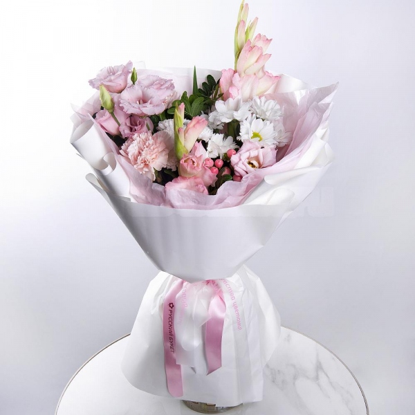 Pink Gladiolus - 2, Pink Lisianthus (Eustoma) - 1, Baltica White Spray Chrysanthemum - 1, Pink carnation - 2, Bacardi White Spray Chrysanthemum - 1, Hypericum, Pistachio, Wrapping Paper