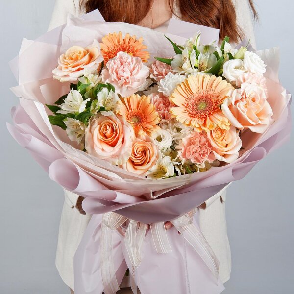 Cream gerbera - 3, Baltica White Spray Chrysanthemum - 2, Carnation white, cream - 5, Cream Rose 50 cm Ecuador (Creme Caramel) - 5, Alstromeria white, soft pink - 3, lisianthus - 2, Wrapping Paper