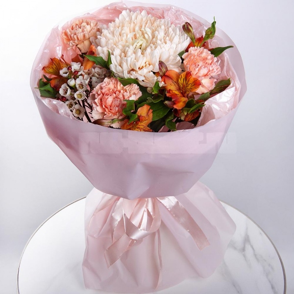 Magnum White Chrysanthemum - 1, Pink carnation - 5, Alstromeria Yellow, Orange - 3, Waxflower (1 pc.), Wrapping Paper