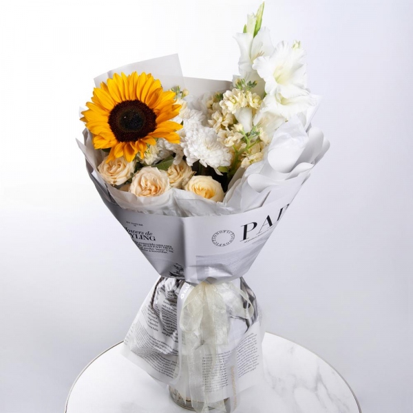 Sunflower - 1, White Gladiolus - 2, Baltica White Spray Chrysanthemum - 3, White Matthiola - 2, Spray rose: white, cream, light pink 50 cm - 5, Wrapping Paper