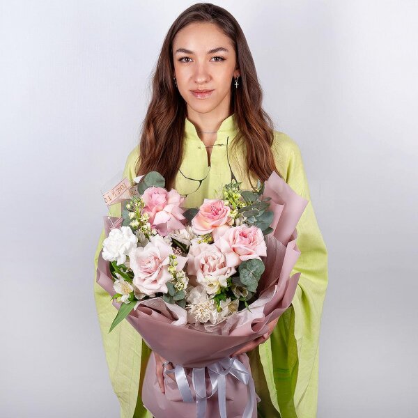 Rose Cream 50 cm - 2, Peony rose pink 'OHara' - 3, White Matthiola - 3, Alstromeria white, soft pink - 3, Carnation white, cream - 3, Baltica White Spray Chrysanthemum - 1, Ozotamnus, Eucalyptus, Wrapping Paper