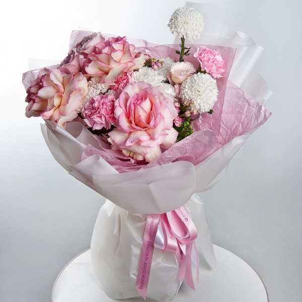 Rose Esperance - 3, Momoko Chrysanthemum - 2, Baltica White Spray Chrysanthemum - 2, Pink carnation - 7, Pink Lisianthus (Eustoma) - 1,  Bouvardia, Wrapping Paper
