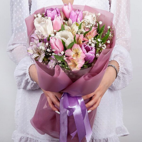 Alstromeria white, soft pink - 3, Pink tulip - 3, Gypsophila - 1, Tulip white - 3, Lilac tulip - 3, Wrapping Paper