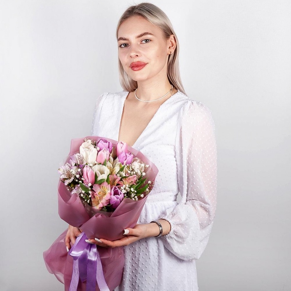 Alstromeria white, soft pink - 3, Pink tulip - 3, Gypsophila - 1, Tulip white - 3, Lilac tulip - 3, Wrapping Paper