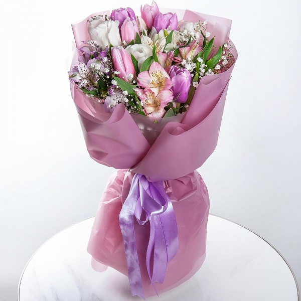 Alstromeria white, soft pink - 3, Pink tulip - 3, Gypsophila - 1, Tulip white - 3, Lilac tulip - 3, Wrapping Paper