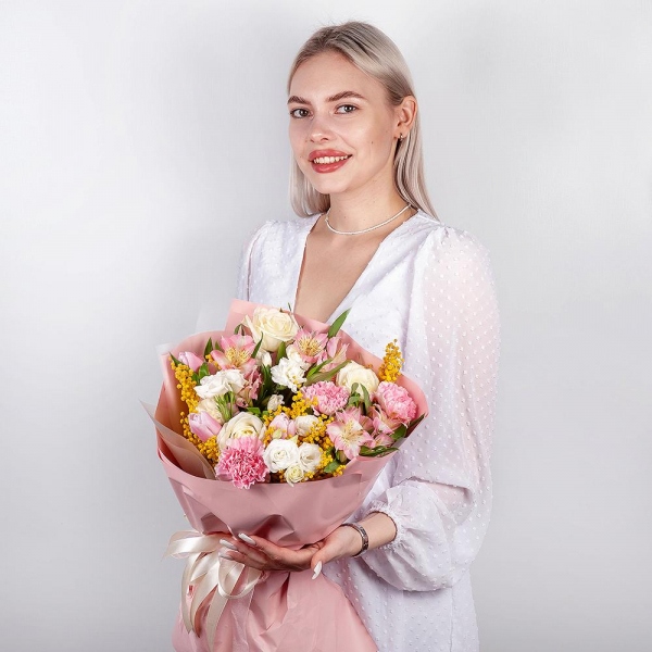 White rose 50 cm - 3, Alstromeria white, soft pink - 3, White spray carnation - 1, lisianthus - 1, Pink tulip - 7, Mimosa - 1, Pink carnation - 5, Wrapping Paper