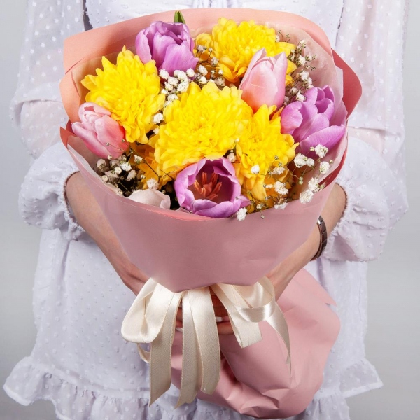 Baltica Yellow Spray Chrysanthemum - 1, Pink tulip - 4, Gypsophila - 1, Lilac tulip - 5, Wrapping Paper