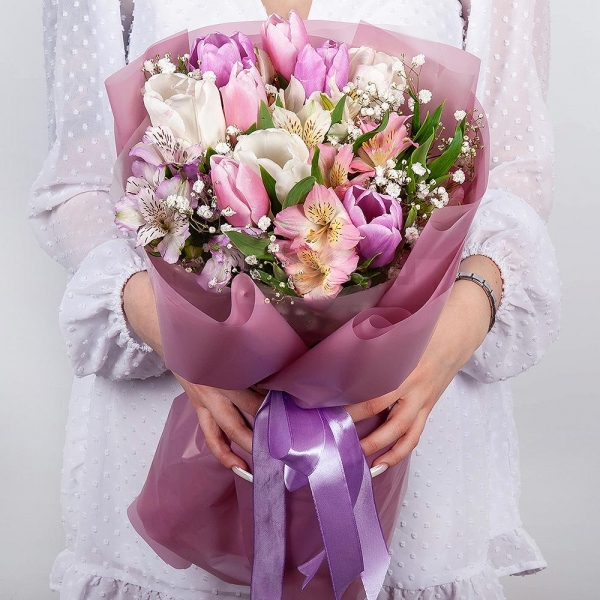 Alstromeria white, soft pink - 3, Gypsophila - 1, Pink tulip - 4, Tulip white - 5, Lilac tulip - 4, Wrapping Paper