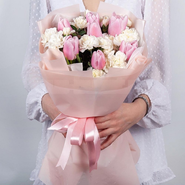 White spray carnation - 6, Pink tulip - 11, Wrapping Paper, Pistachio