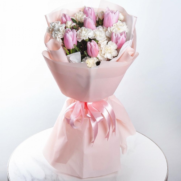 White spray carnation - 6, Pink tulip - 11, Wrapping Paper, Pistachio