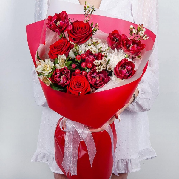 Baltica White Spray Chrysanthemum - 1, Red rose 50 cm - 3, Red tulip - 9, Alstromeria white, soft pink - 3, Hypericum, Waxflower (1 pc.), Wrapping Paper