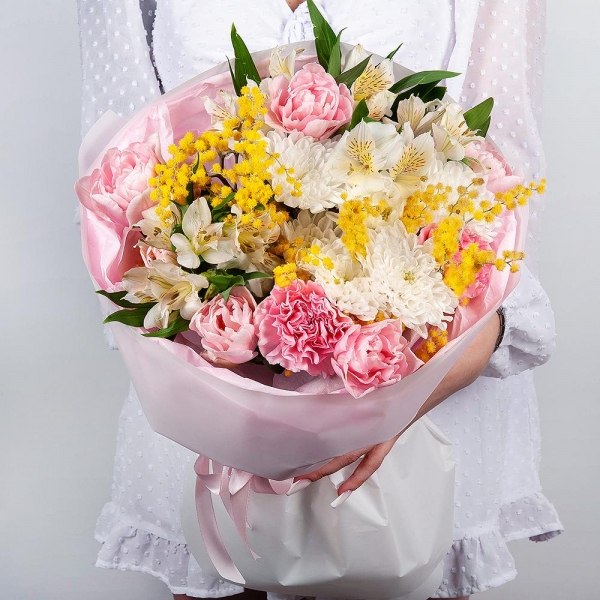 Baltica White Spray Chrysanthemum - 1, Alstromeria white, soft pink - 4, Pink carnation - 3, Pink tulip - 7, Mimosa - 1, Wrapping Paper