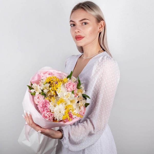 Baltica White Spray Chrysanthemum - 1, Alstromeria white, soft pink - 4, Pink carnation - 3, Pink tulip - 7, Mimosa - 1, Wrapping Paper