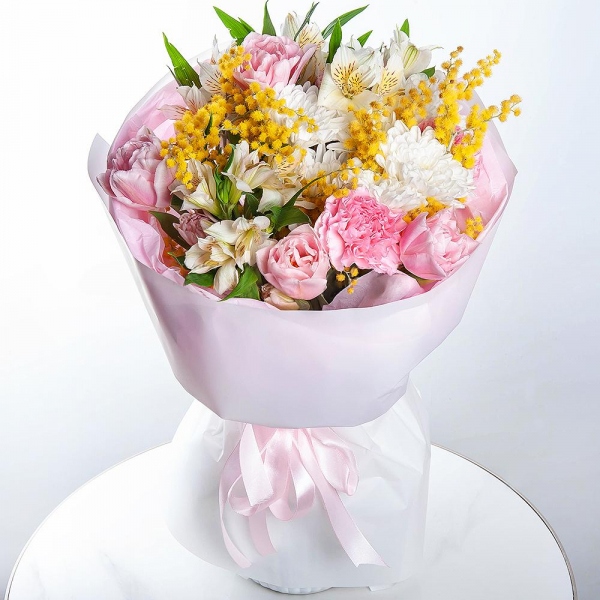 Baltica White Spray Chrysanthemum - 1, Alstromeria white, soft pink - 4, Pink carnation - 3, Pink tulip - 7, Mimosa - 1, Wrapping Paper