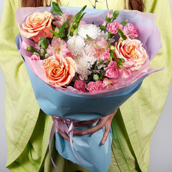 Pink-orange rose Phoenix 50 cm - 5, Baltica White Spray Chrysanthemum - 2, Alstromeria white, soft pink - 3, Pink spray carnation - 6, Pink carnation - 11, Wrapping Paper
