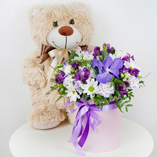 Vanda Orchid bud - 1, Alstromeria lilac, purple - 2, Bacardi White Spray Chrysanthemum - 3, Purple Lisianthus (Eustoma) - 2, Round flower box small , Oasis, Film, Flask for orchids, Aspidistra (1 pc.), Pistachio, Ribbon, Taddy Bear 45 cm